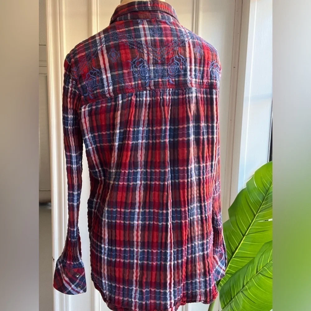 Free People XS Plaid Embroidered Button-Up Shirt Red/Blue Long Sleeve Cotton